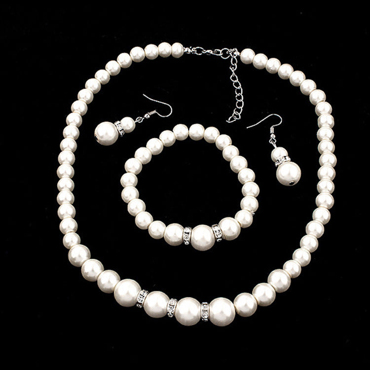 Wholesale Diamond Pearl Necklace Earrings Bracelet Three-Piece Set